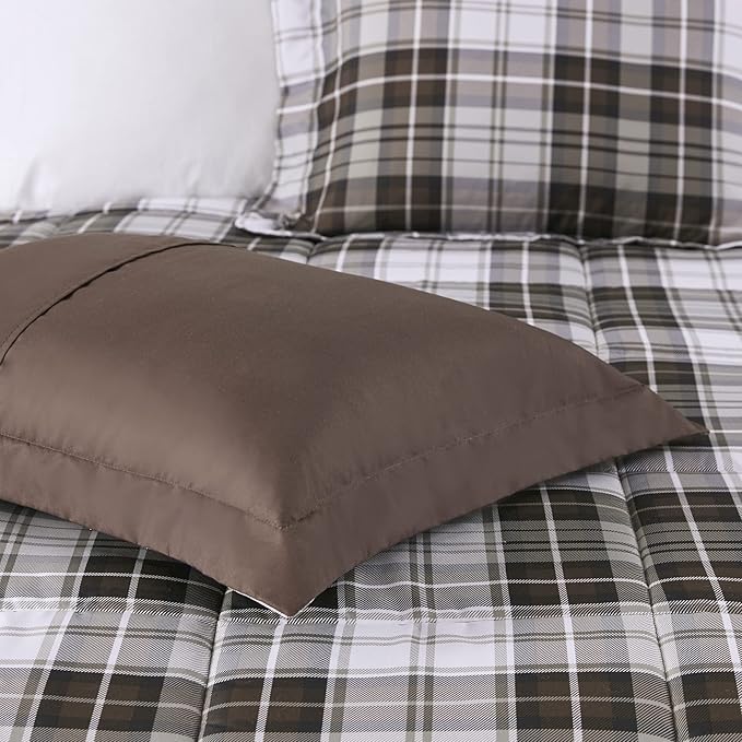 Madison Park Essentials Parkston Plaid Comforter, Matching Sham, 3M Scotchguard Stain Release Cover, Hypoallergenic All Season Bedding-Set, Twin/ Twin XL, Brown, 2 Piece