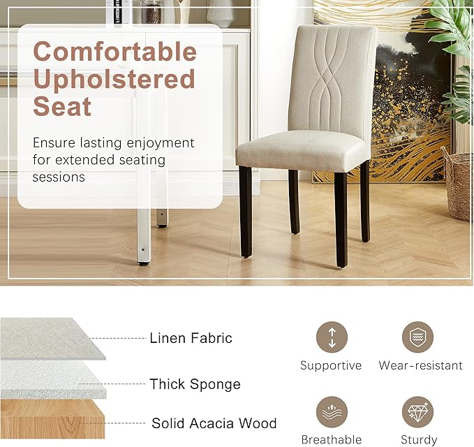 VECELO Upholstered Dining Chairs Set of 6, Modern Fabric and Solid Wood Legs & High Back for Kitchen/Living Room- Beige