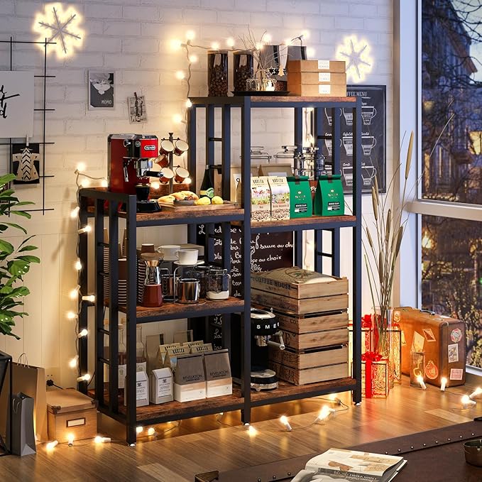 6-Tier Adjustable Mini Fridge Cabinet with Power Outlet,Kitchen Bakers Rack with Storage,Mini Fridge and Microwave Stand,Coffee Bar, Free Standing Shelf for Kitchen, Home Office,Rustic Brown