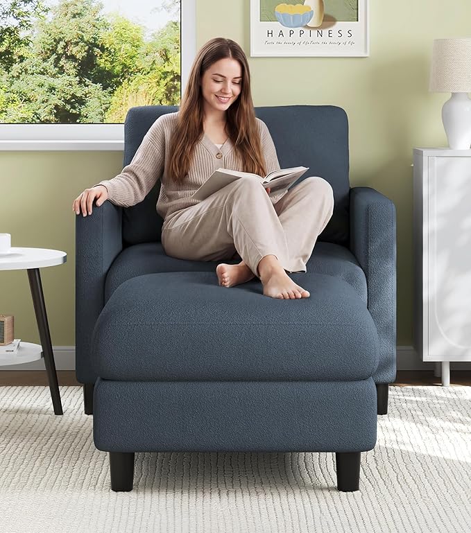 Welzona Sofa Accent Chair with Ottoman, 33" Reading Chair and Ottoman Set for Bedroom, Tool-Free Setup Living Room Accent Chairs, Comfy Arm Chairs Living Room, All-Wood Reading Nook, Blue Grey