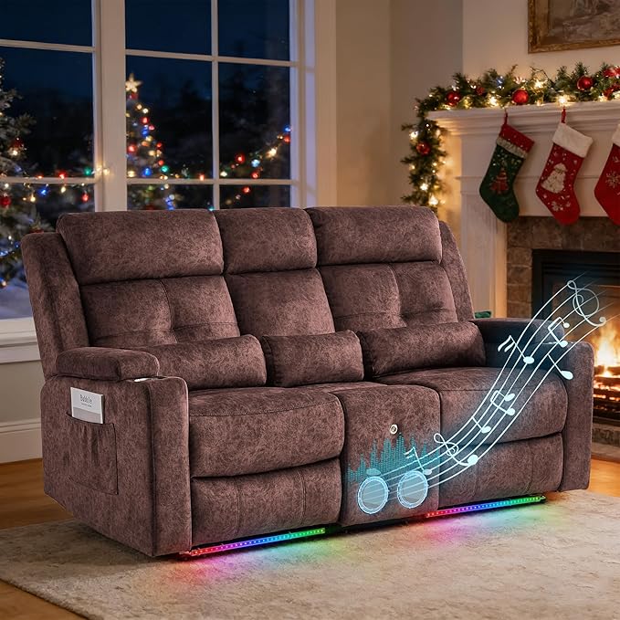Power Reclining Loveseat with Flip Backrest, Power Loveseat Recliner Sofa with LED Lights, Bluetooth Speaker, 3-Seater Recliner Sofa with Arm/Seat Storage (Brown, Loveseat with Console)