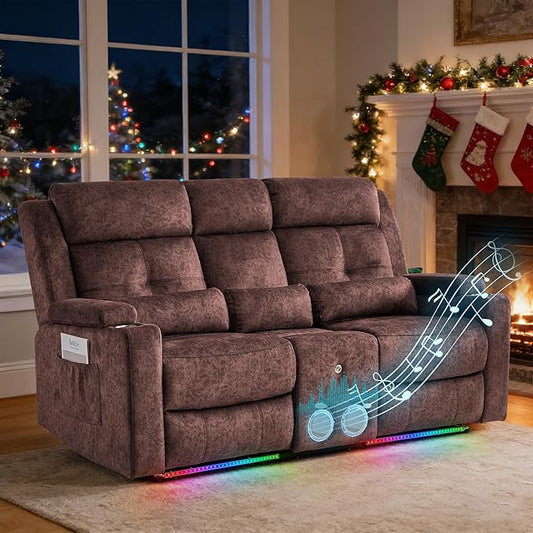 Power Reclining Loveseat with Flip Backrest, Power Loveseat Recliner Sofa with LED Lights, Bluetooth Speaker, 3-Seater Recliner Sofa with Arm/Seat Storage (Brown, Loveseat with Console)