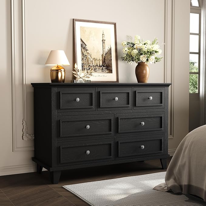 GarveeHome Black Dresser for Bedroom, 7 Drawer Dresser, Wooden Chest of Drawers with Deep Drawers, 47 in Long Dressers TV Stand, Modern Dressers Organizer with Vintage Handle for Living Room, Hallway