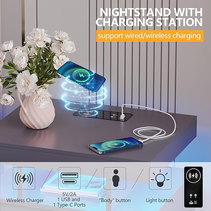 dnbss Nightstand with Charging Station and LED Light, Modern Night Stand with 2 Drawers, Smart Nightstand with USB Ports and Wireless Charger, Bedside Table for Bedroom (Grey)