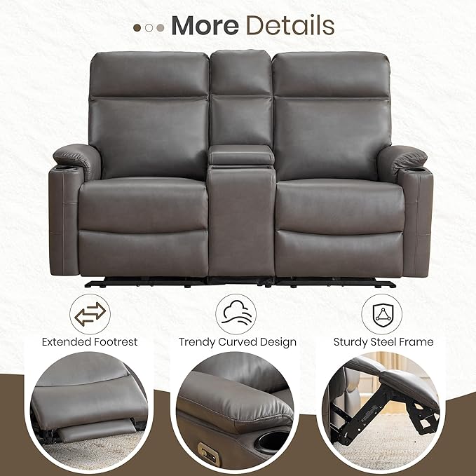 Power Recliner Loveseat, Electric Reclining Sofa with Wireless Charger, Wall Hugger Loveseat Recliner with Extended Footrest, 2-Seater Couch for Living Room, RV & Office (Grey)