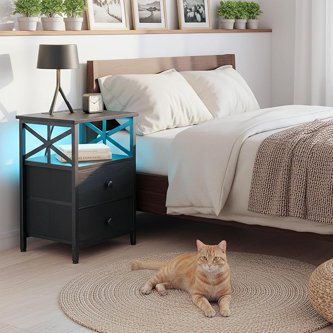 AMHANCIBLE Night Stand Set of 2 with Charging Station and LED Lights, Large 2-Drawer Bedside Tables with USB Ports and AC Outlets, Modern Nightstand for Bedroom, Black, HET052LBK