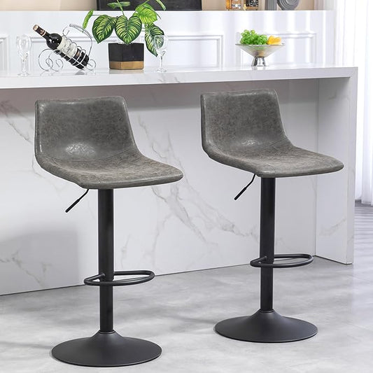 Finnhomy Bar Stools Set of 2 Counter Height, Swivel Barstools with Footrest and L Shape Back, Height Adjustable Modern Bar Chairs, Vintage Leather, Retro Grey