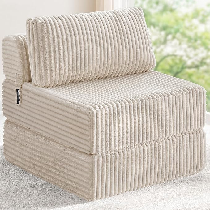 4-in-1 Folding Sofa Bed Convertible Chair Couch Foldable Chaise Lounger & Mattress Pocket Coils+Foam Fill, Portable No Assembly Boneless Floor Futon for Living Room/Bedroom, Beige Single