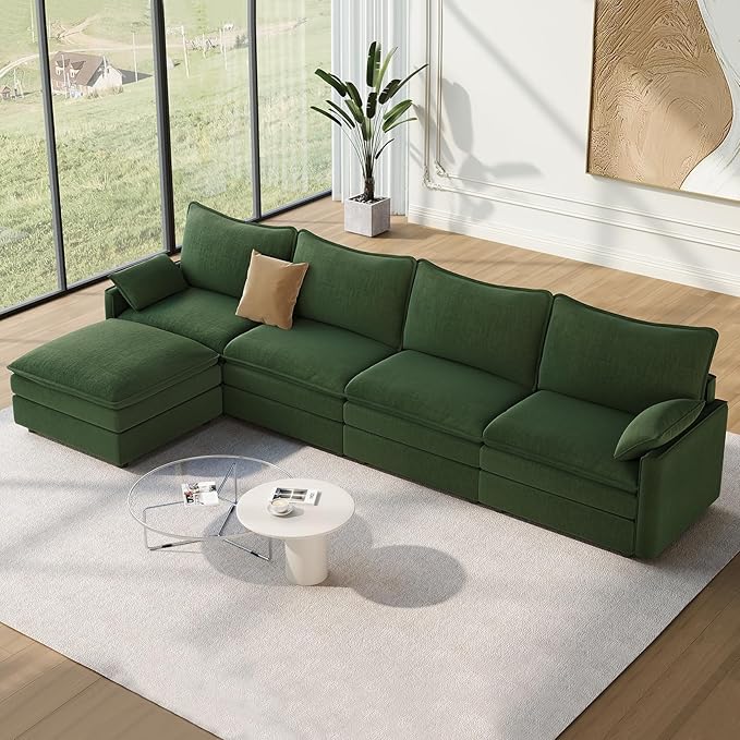 Vesgantti 142" Cloud Couch Sectional Modular Sofa, Comfy Sectional Couch with Ottoman Deep Seat Chenille L Shaped Sofa, Modular Couches for Living Room, Bedroom and Apartment, Green | Sink-in Comfort, Height Adjustable, Easy Rearrangement, Extra-deep O...