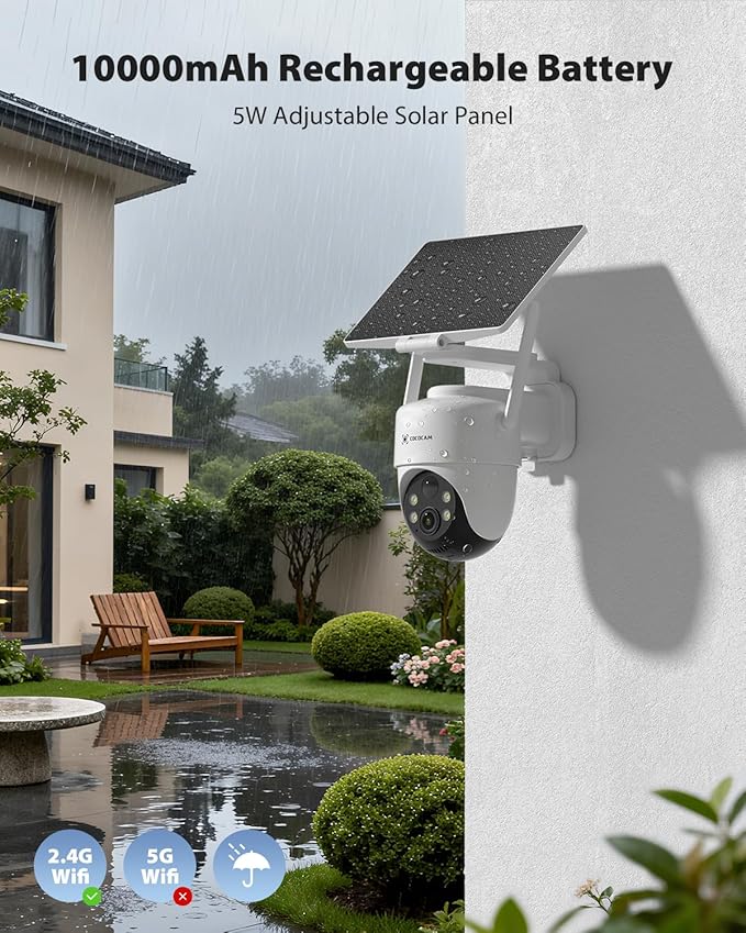 COCOCAM 4K 8MP Security Camera Outdoor Wireless WiFi with 5W Adjustable Solar Panel, 10000mAh Battery, AI Recognition, PIR Human Detection, 355° P 90°T, Two-Way Audio, 2.4GHz WiFi, Cloud, IP66
