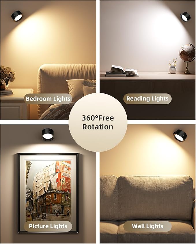 LED Wall Mounted Lights,Rechargeable Wall Sconces Lamp for Bedroom,3 Color Temps & Remote and Touch Control,360°Rotation Dimmable Cordless (2 Pack)