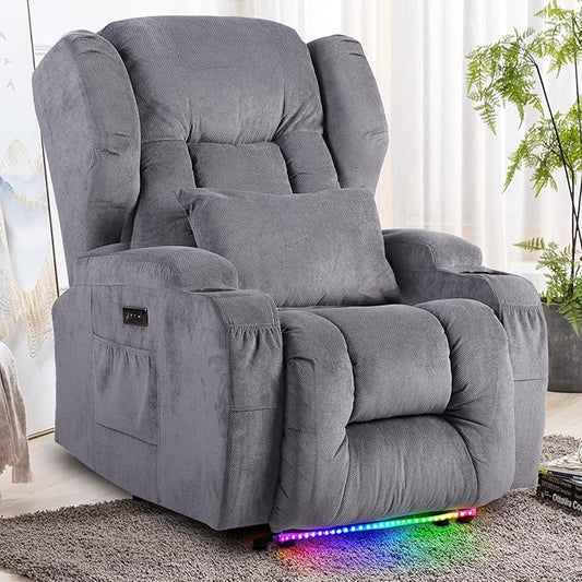 SAMERY Power Recliner Chair, Electric Wall Hugger Recliner Chair Reclining Sofa Home Theater Seating for Living Room with Massage & Heat, USB, LED Lights, Cup Holders, Side Pockets, Lumbar Pillow | 1-Inch Wall Hugger, Extra Wide Seat, Full Body Comfort...