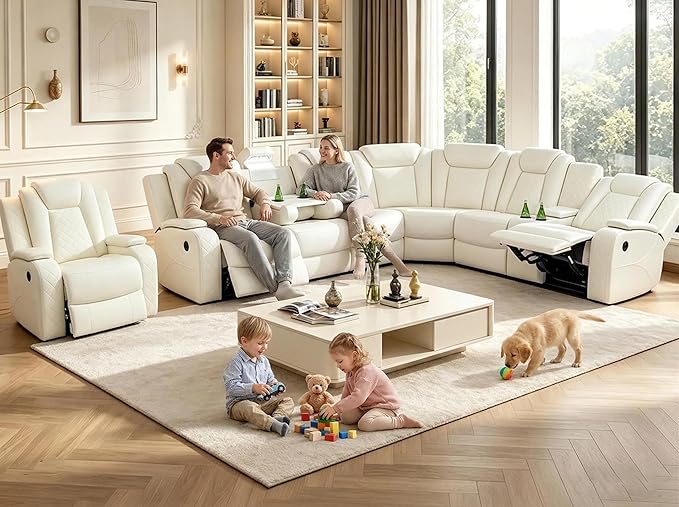 Power Reclining Sectional Sofa Set with LED, Living Room Furniture Sets, Leather Recliner Couch for Living Room/Home Theater, Sectional Couch and Chair with 3 Recliners, USB Port/Hide-Away Storage