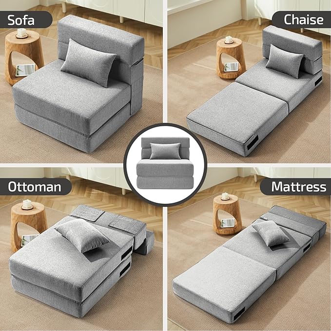 SUYOLS Folding Sofa Bed with Pillow- Convertible Chair Floor Couch & Sleeping Mattress, Foldable Memory Foam Sleeper for Living Room/Dorm/Guest Room/Home Office/Apartment/Loft, Single26, Light Gray