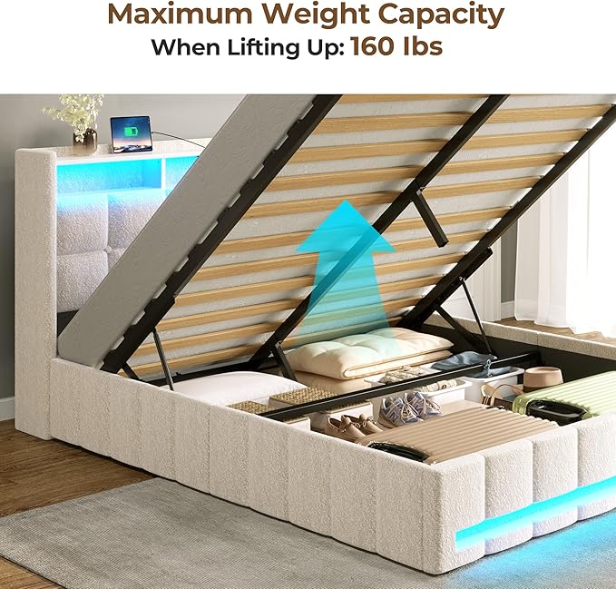 Rolanstar Bed Frame Queen Size with Lift Up Storage, Charging Station & LED Lights, Upholstered Storage Headboard, Heavy Duty Wooden Slats, No Box Spring Needed, Noise Free, Easy Assembly, Beige