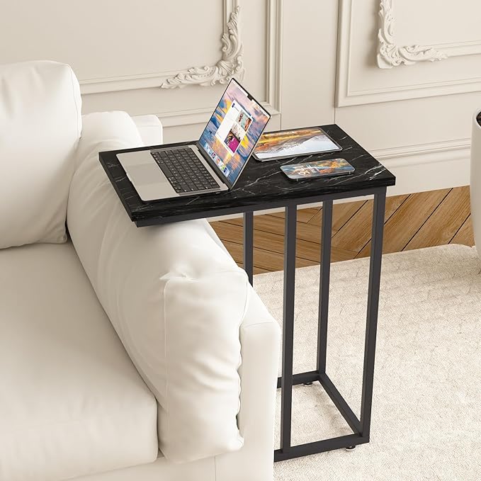 VECELO C Shaped End Side Table for Sofa Couch and Bed Snack TV Tray for Living Room Bedroom, 2 PCS, Black Marble