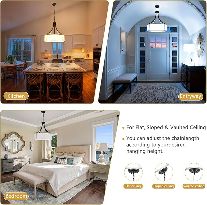 20" Modern Black Farmhouse Drum Chandeliers for Dining Room, 6-Light Rustic Drum Pendant Light with White Fabric Shade, Hanging Light Fixture for Living Room Bedroom Foyer Kitchen Island Entryway