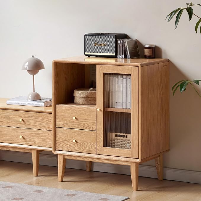 100% Solid Wood Storage Cabinet with Glass Doors and Drawers, Buffet Cabinet with Drawers, for Living Room, Reading Room, Kitchen (15.74" D x 31.49" W x 31.49" H, Natural)