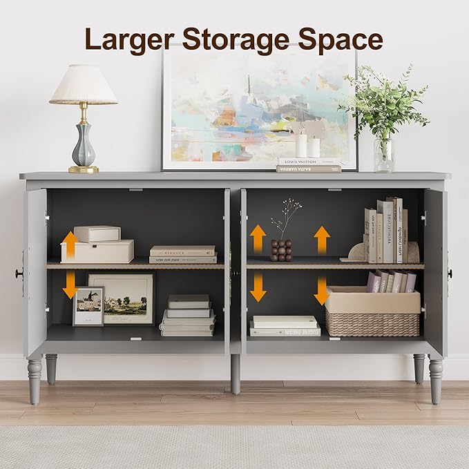 Sideboard with 4 Doors, Mid-Century Console Table with Adjustable Shelves, Accent Cabinet for Entryway, Living Room, Dining Room, Grey