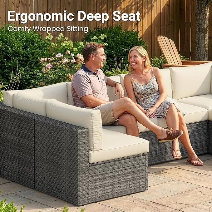 Wisteria Lane 7 Pieces Outdoor Patio Furniture Set, Wicker Outdoor Patio Sectional Sofas with Coffee Table, All-Weather Patio Conversation Set for Garden Backyard, Beige