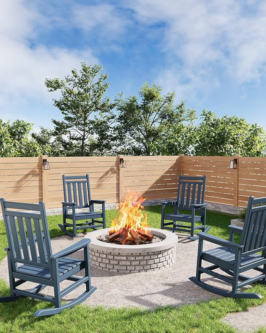 GarveeLife Poly Lumber Rocking Chair Outdoor Set of 4 - HDPE High Back Porch Rocker Chairs for Adults - All Weather Resistant Furniture for Patio - Navy Blue