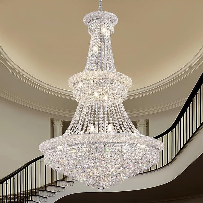 High Ceiling Chandelier 19-Lights Modern Crystal Chandeliers Silver Large Foyer Chandelier Fixtures for Staircase Living Room Hallway Entryway (H47 x W31.5)
