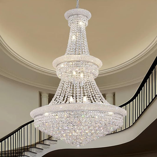 High Ceiling Chandelier 19-Lights Modern Crystal Chandeliers Silver Large Foyer Chandelier Fixtures for Staircase Living Room Hallway Entryway (H47 x W31.5)