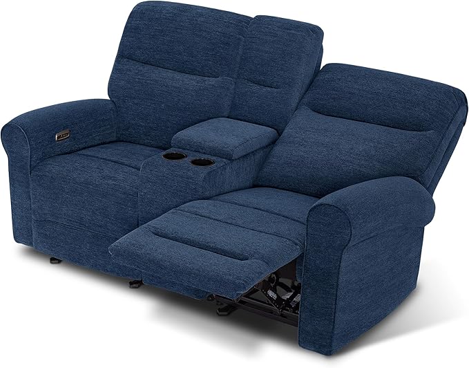 MCombo 78.3" Wall Hugger Power Loveseat Recliner Sofa with Console, Reclining Loveseat with USB Ports, Cup Holders, for Small Spaces Living Room RV, Fabric PR635M2 (Navy Blue)