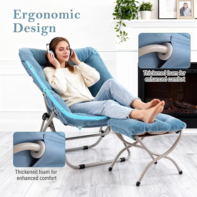 Saucer Chair With Ottoman - Oversized Folding Faux Fur, X-Large Soft Dorm, Foldable Metal Frame for Bedroom, Living Room, Study, Playroom (Blue)