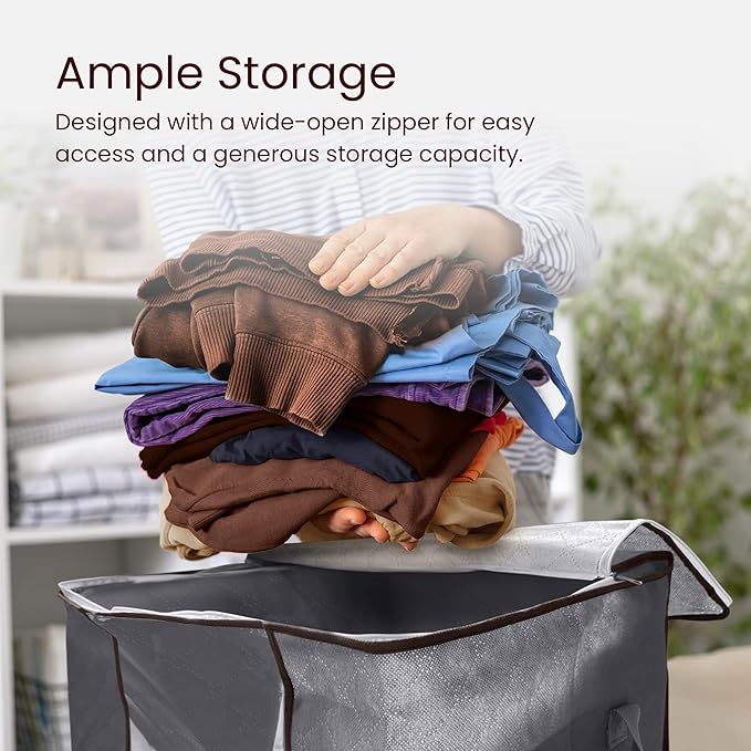 Reli. 60L Clothes Storage Bags (9 Pack) Closet Organizers, Storage Containers | Foldable Clothes Bins w/Lids, Handles | Large Bags for Storing Towels, Clothing, Toys, Blankets | Grey