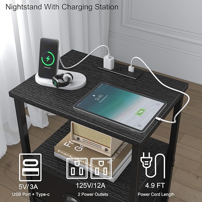 Nightstand with Charging Station, Night Stand with 2 Fabric Drawers PU Finish, Bedside Table End Table with LED Light, 3-Tier Storage Side Table Nightstand with Drawers for Bedroom,Black