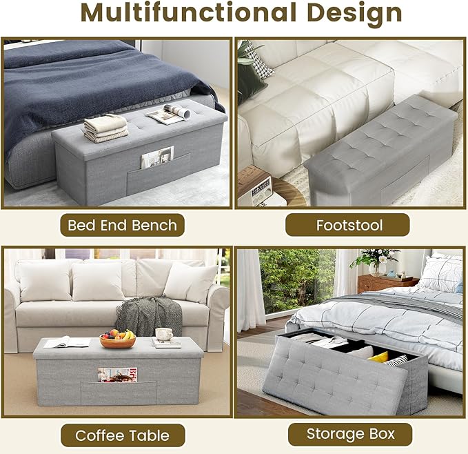 Giantex Storage Ottoman Bench, 43"L Folding Foot Rest Storage Chest with Side Pocket, Divider, Padded Seat Shoe Bench for Living Room Bedroom Hallway Entryway End of Bed (Light Gray)