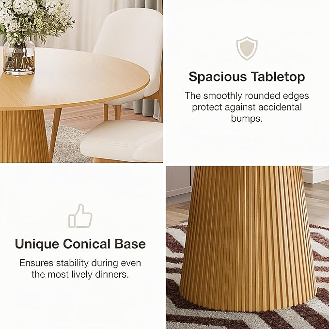 Casaphoria 60" Round Dining Table, Modern Wood Kitchen Table with Cone Grating Bar Base for Living Room & Dining Room, Easy Assembly Farmhouse Furniture for 4-6, Oak
