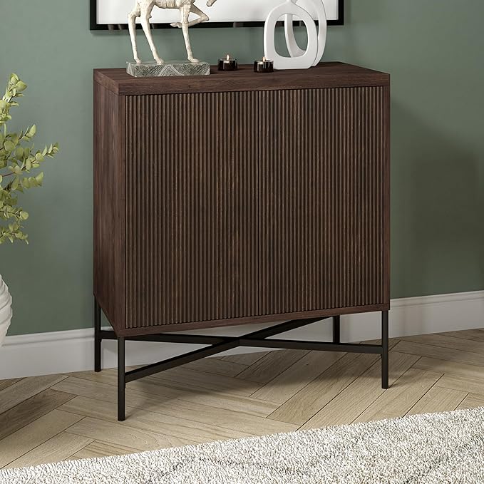 Henn&Hart 28" Fluted Wooden Accent Cabinet, Ribbed Modern Sideboard Buffet Cabinet with 2 Doors and an Adjustable Shelf for Living Room, Dining Room, Bedroom or Entryway, Warm Brown