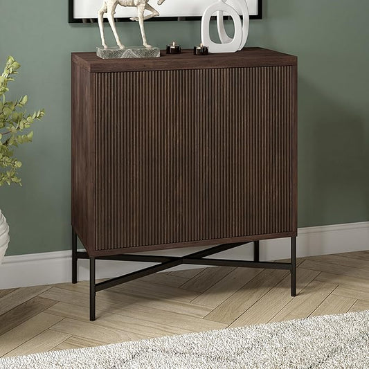Henn&Hart 28" Fluted Wooden Accent Cabinet, Ribbed Modern Sideboard Buffet Cabinet with 2 Doors and an Adjustable Shelf for Living Room, Dining Room, Bedroom or Entryway, Warm Brown