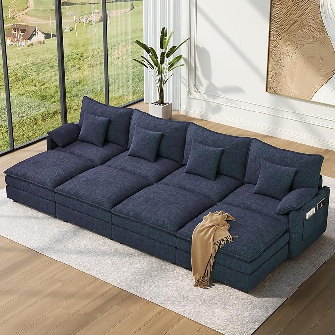 Vesgantti 142" Oversized Sectional Sofa Bed, 8-Seater Modular Sleeper Cloud Couch with Movable Ottoman, Chenille Convertible Sofa Set Deep Seat Couches for Living Room, Bedroom and Apartment, Blue | Sink-in Comfort, Height Adjustable, Easy Rearrangemen...