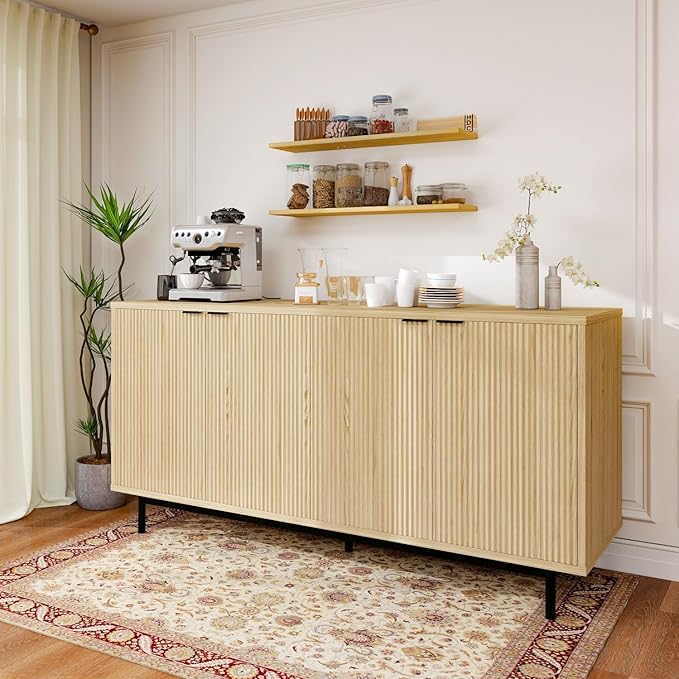 MUUEGM Buffet Cabinet with Storage, 58" Fluted Sideboard Kitchen Storage Cabinets with Shelves and 4 Doors, Modern Wood buffets & Sideboards for Dinging Room, Living Room, Natural Storage Cabinet