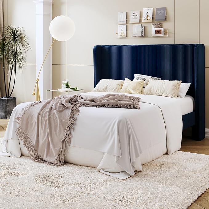 SHA CERLIN Queen Size Corduroy Upholstered Platform Bed Frame with Vertical Channel Tufted Wingback Headboard, 8" Under Bed Storage, Wooden Slats & Metal Frame Support, Easy Assembly, Dark Blue