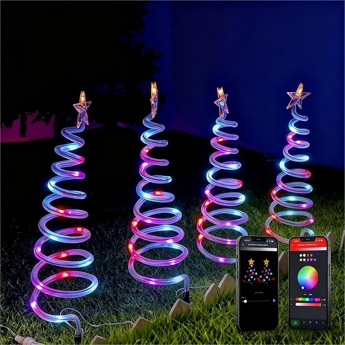 4 Pack Smart Spiral Pathway Lights Outdoor, DIY RGB Color Changing, 80+ Lighting Modes, Remote & App Control, Timer, IP67 Waterproof Landscape Path Lights for Holiday Yard, Garden & Patio Decor Lights