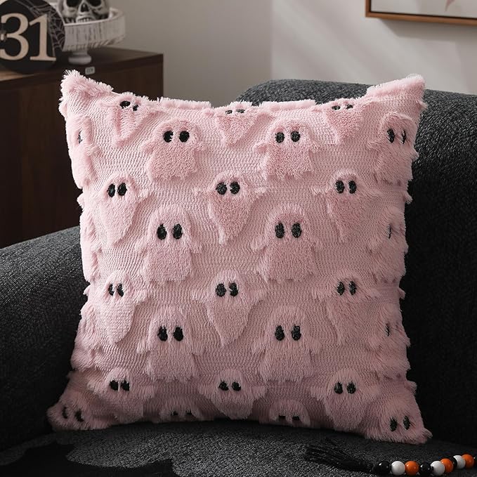 DFXSZ Halloween Pillow Covers 16x16 inch Set of 2 Pink Ghost Throw Pillow Cases Soft Plush Faux Fur Wool Couch Cushion Case for Chair Sofa Bedroom Living Room Home Decor PTK03B16