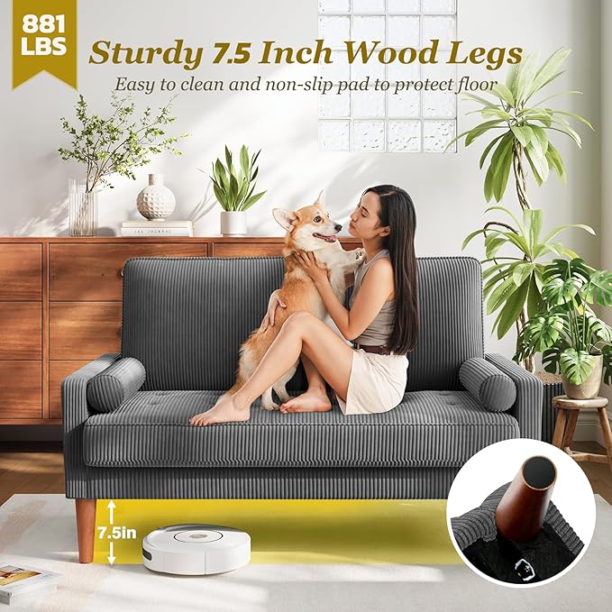 Vesgantti Loveseat Sofa with Solid Wood Legs,48" Small Corduroy Couches for Small Spaces, Mid Century Modern Love Seat for Living Room, Bedroom, Easy Assembly with Throw Pillow, Grey