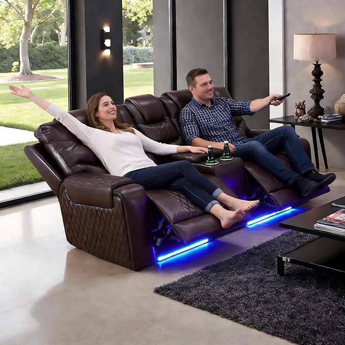 Power Breathing Leather Reclining Sofa, Power Recliner Sectional Sofa with Reading lamp/LED Light, Sectional Reclining Loveseat Couch with Hide-Away Storage for Living Room