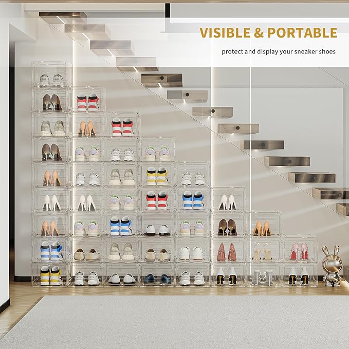Large Shoe Boxes Clear Plastic Stackable 9 Pack Shoe Storage Organizer for Closet/Entryway, Drop front Shoe Box with Magnetic Door, Shoe Display Case, Fit up to US size 14