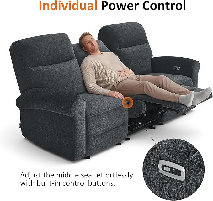 MCombo 87.8" Wall Hugger Power Reclining Sofa, 3-Seat Triple Recliner Couch with USB Ports, Rolled Arm Space Saving Recliner Sofa for Living Rooms Apartments RV, Fabric PR635M5 (Dark Grey) | 1.4" Wall Clearance