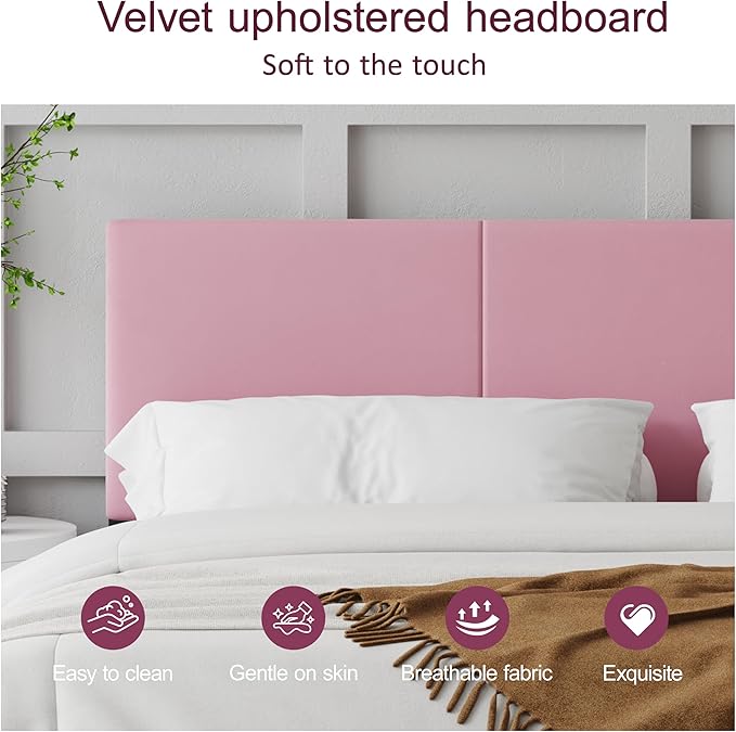 Full Size Bed Frame with Upholstered Headboard, Sturdy Wood Slats, No Box Spring Required, Silent, Easy Assembly,Pink