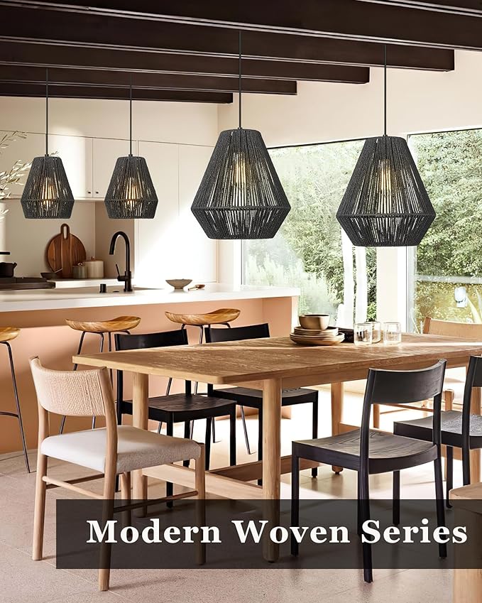 ELYONA Modern Woven Pendant Light Fixtures 12" Farmhouse Coastal Hanging Lamp Matte Black Handwoven Rattan Basket Shade Boho Pendant Light for Kitchen Island Dining Room Bar Bedroom Foyer Hallway