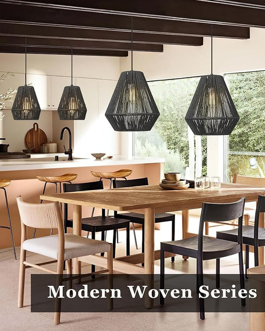 ELYONA Modern Woven Pendant Light Fixtures 12" Farmhouse Coastal Hanging Lamp Matte Black Handwoven Rattan Basket Shade Boho Pendant Light for Kitchen Island Dining Room Bar Bedroom Foyer Hallway