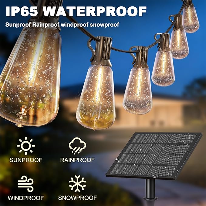 50FT Solar String Lights with 32+2 LED Bulbs (1.5FT Bulbs Spacing), Patio String Lights Whith Remote, IP65 Waterproof, 3600mAm Battery, Zipper & Screw for Setup Outside Garden Backyard Decor