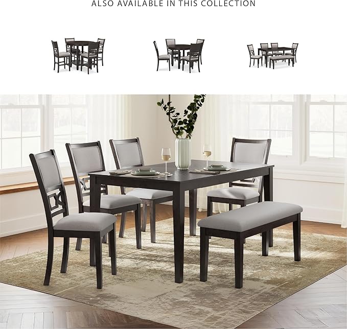Signature Design by Ashley Langwest Classic Upholstered Dining Table and 4 Chairs and Bench, Set of 6, Dark Brown & Light Gray