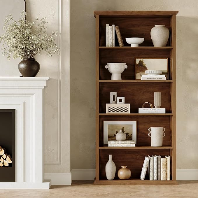 LITTLE TREE Wooden Bookshelf, Farmhouse 5-Shelf Bookcase, 70.9" Bookshelves and Bookcases, Office Bookshelf for Living Room, Bedroom, Kitchen, Home Office, Vintage Openwork Design, Rustic Brown